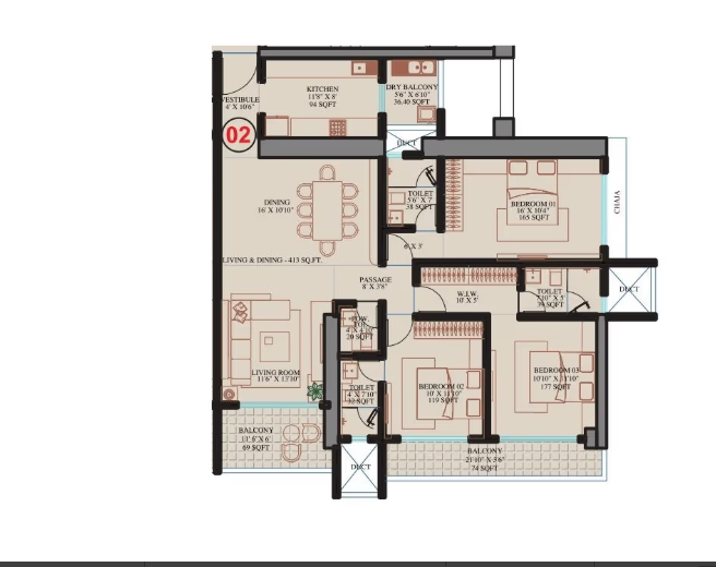 Unit plan — 3BHK